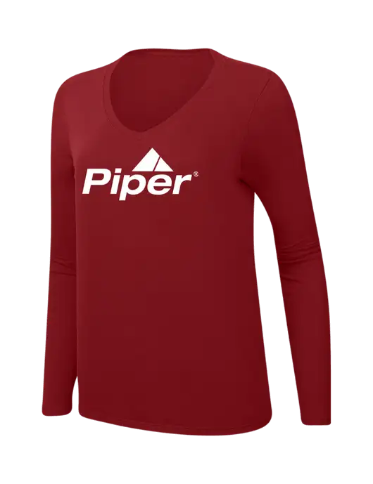 Piper Womens  V-Neck Ring Spun Bright Red 4.5 oz Long Sleeve T-Shirt w/Piper Logo
