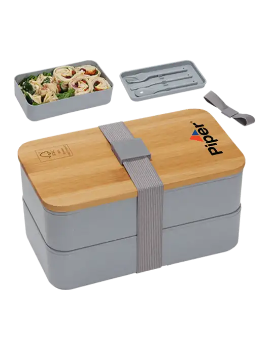 Piper Double Decker Lunch Box w/Eco-Friendly FSC Bamboo Lid & Reusable Utensils w/Piper Logo