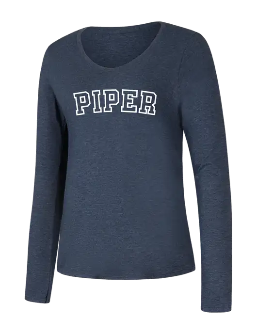 Piper Womens Seriously Soft Heathered Navy V-Neck Long Sleeve T-Shirt w/Piper Collegiate Logo