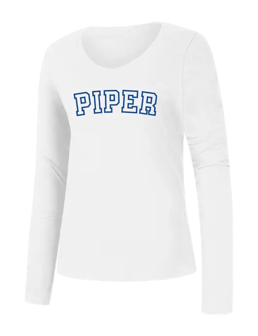 Piper Womens Seriously Soft White V-Neck Long Sleeve T-Shirt w/Piper Collegiate Logo