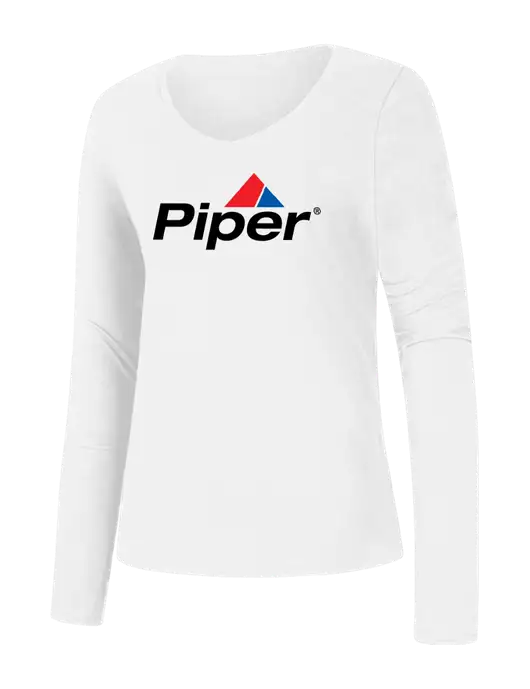 Piper Womens Seriously Soft White V-Neck Long Sleeve T-Shirt w/Piper Logo