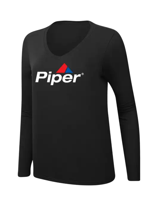 Piper Womens V-Neck Ring Spun Jet Black 4.5 oz Long Sleeve T-Shirt w/Piper Logo