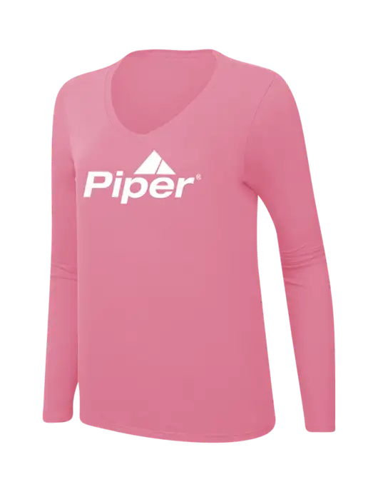 Piper Womens  V-Neck Ring Spun New Pink 4.5 oz Long Sleeve T-Shirt w/Piper Logo