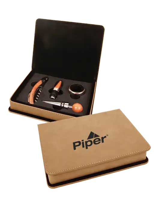Piper Sand Leatherette 4 Piece Wine Gift Set w/Piper Logo