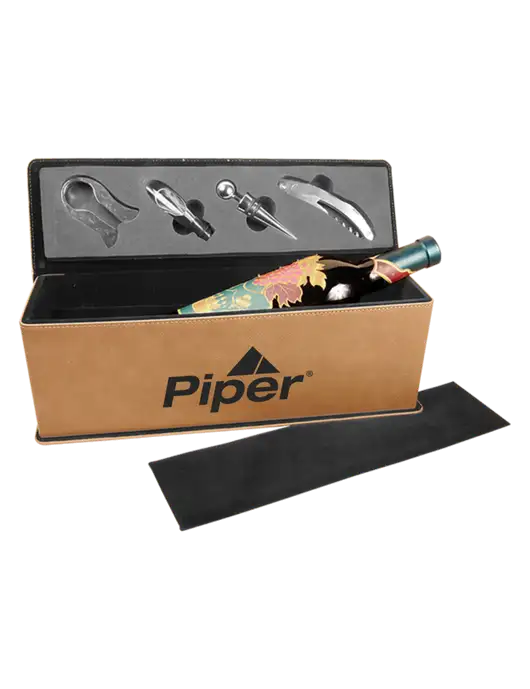Piper Sand Leatherette Single Wine Box with Tools w/Piper Logo
