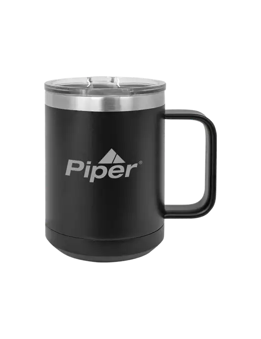 Piper Polar Camel 15 oz Powder Coated Black Vacuum Insulated Mug with Slider Lid w/Piper Logo