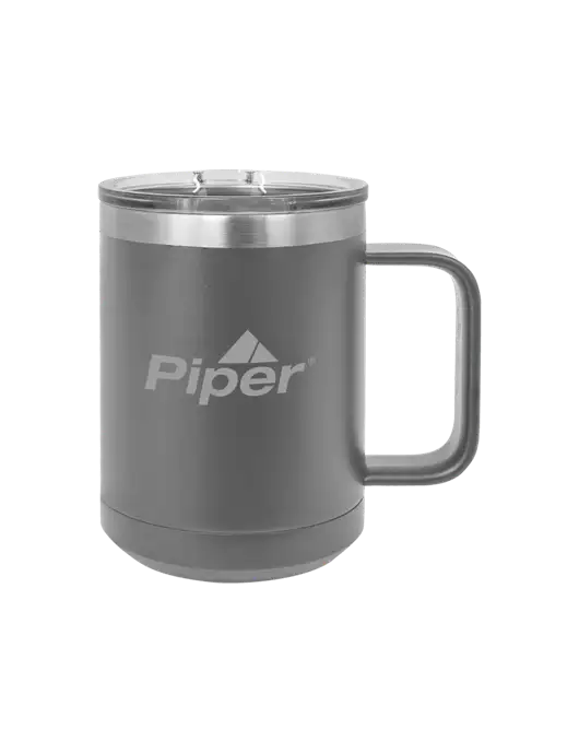 Piper Polar Camel 15 oz Powder Coated Grey Vacuum Insulated Mug with Slider Lid w/Piper Logo