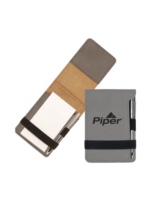Piper Grey Leatherette Mini Notepad with Pen,  3.25 x 4.75 w/Piper Logo