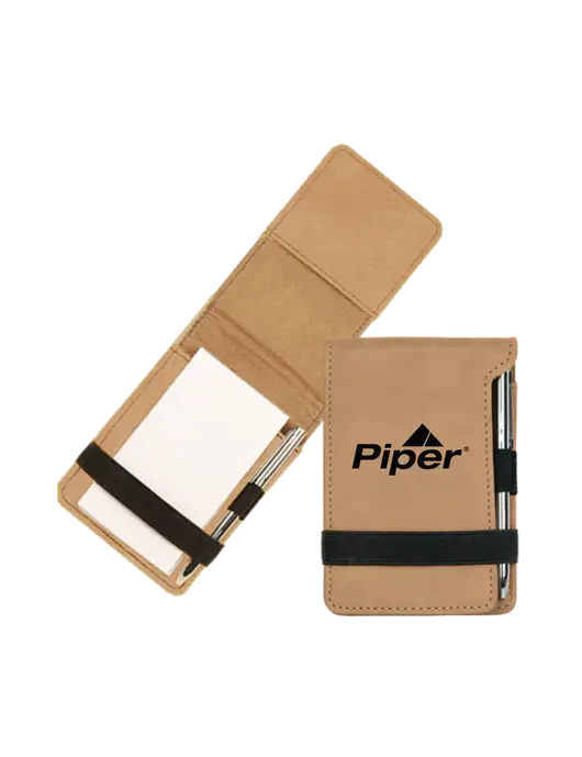 Piper Tan Leatherette Mini Notepad with Pen,  3.25 x 4.75 w/Piper Logo