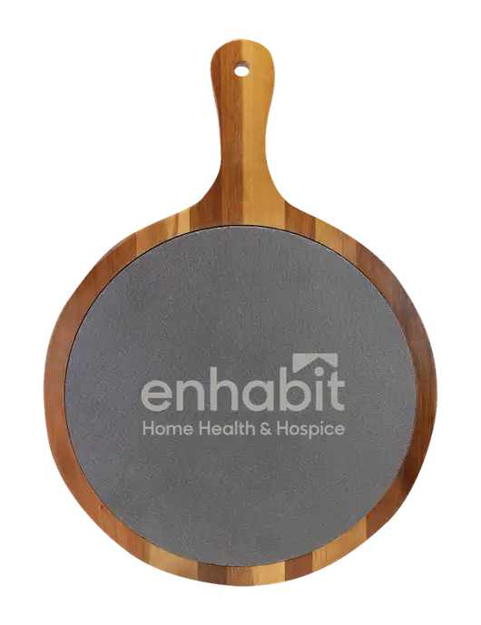 Enhabit Acacia Wood & Slate Round Cutting Board & Handle 10.5 x 14.5 w/Enhabit Logo