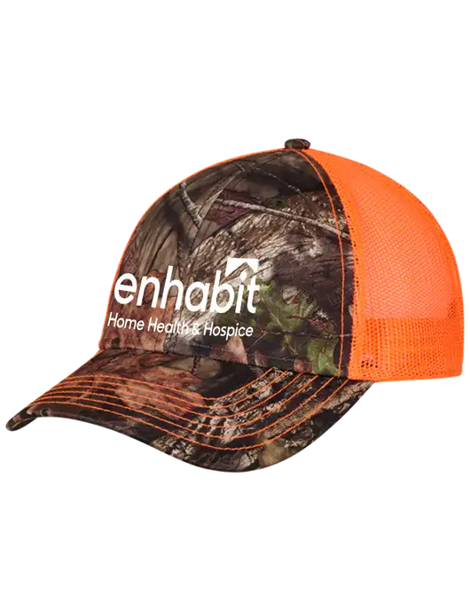 Enhabit Country Orange Mossy Oak Camo Mesh Trucker Cap Snap Back w/Enhabit Logo