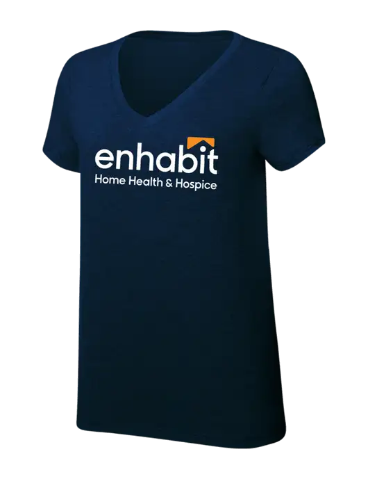 Enhabit Womens Simply Soft V-Neck New Navy 4.5oz  Poly/Combed Ring Spun Cotton T-Shirt w/Enhabit Logo
