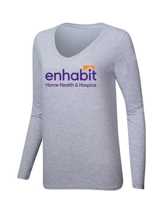 Enhabit Womens  V-Neck Ring Spun Grey Heather 4.5 oz Long Sleeve T-Shirt w/Enhabit Logo