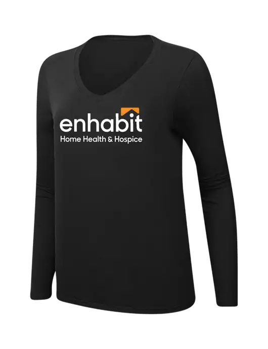 Enhabit Womens V-Neck Ring Spun Jet Black 4.5 oz Long Sleeve T-Shirt w/Enhabit Logo