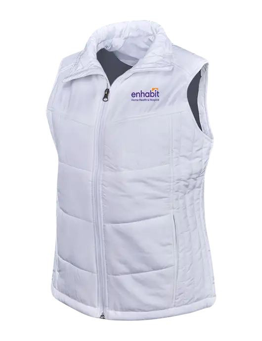 Enhabit Womens White/Dark Slate Puffy Vest w/Enhabit Logo