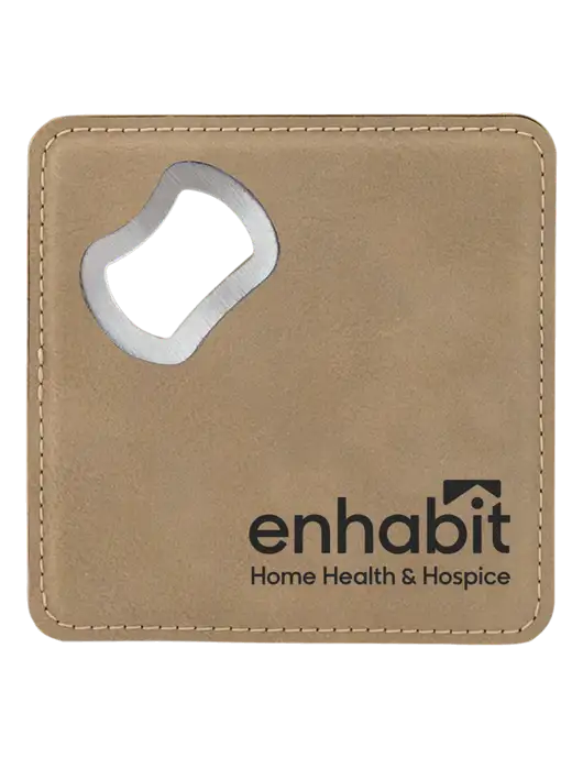 Enhabit Sand Leatherette Bottle Opener Coaster w/Enhabit Logo