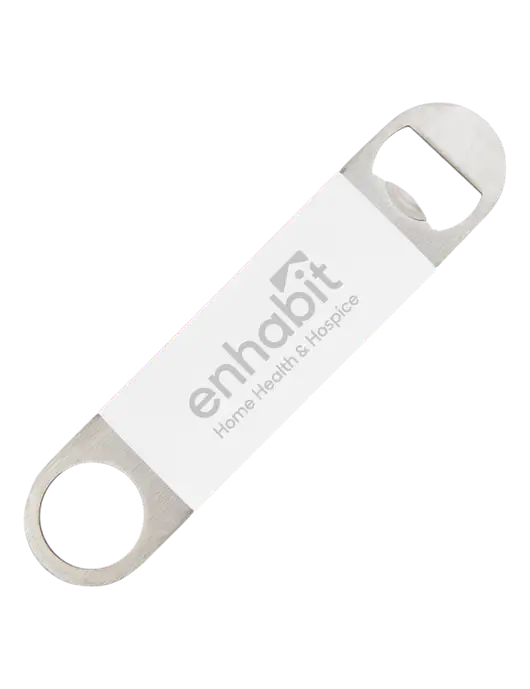 Enhabit White Bottle Opener with Silicone Grip w/Enhabit Logo