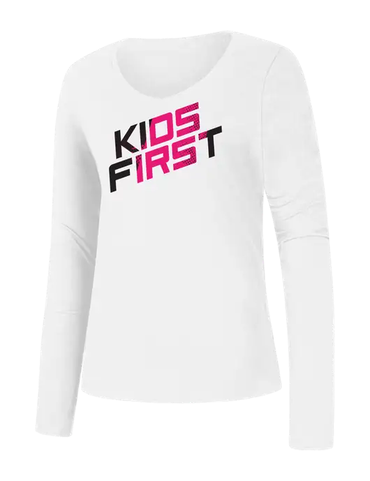 Steel Partners Womens Seriously Soft White V-Neck Long Sleeve T-Shirt w/Kids First Logo