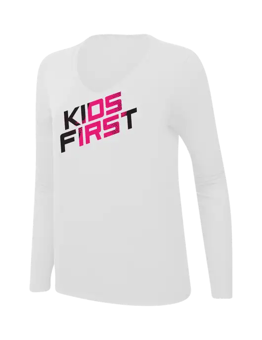 Steel Partners Womens  V-Neck Ring Spun White 4.5 oz Long Sleeve T-Shirt w/Kids First Logo