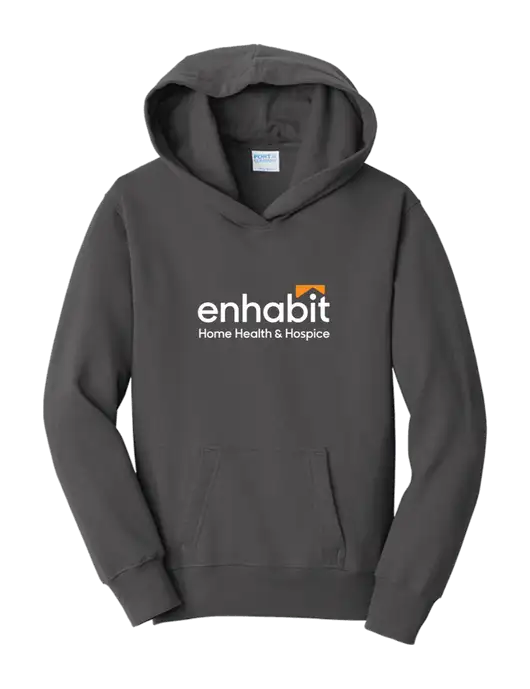 Enhabit Youth Charcoal 7.8 oz, 50/50 Cotton/Poly Pullover Hooded Sweatshirt w/Enhabit Logo